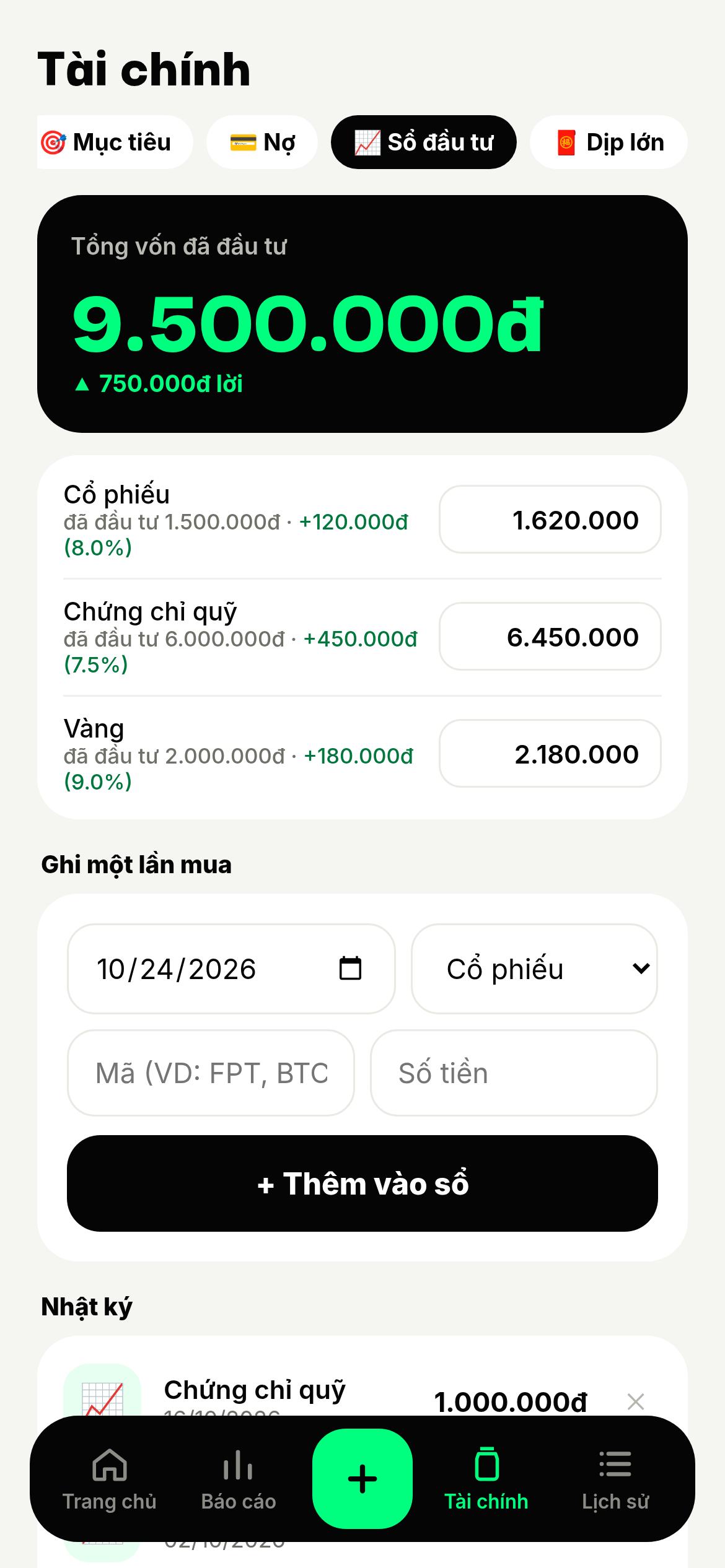 Sổ đầu tư trong Mivi: tổng vốn đã đầu tư và từng kênh