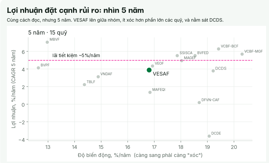 VESAF và 14 quỹ cổ phiếu khác: lợi nhuận và rủi ro 5 năm